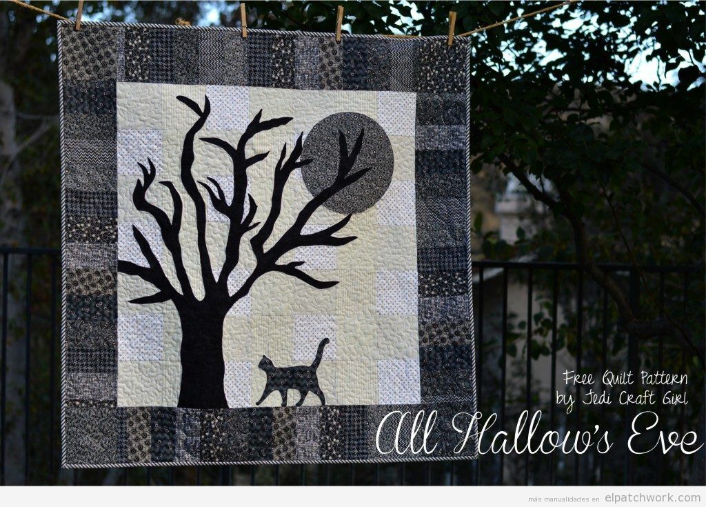 Tutorial colcha patchwork Halloween con árbol, gato y luna